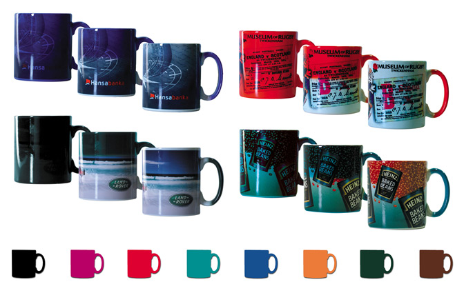 Drink containers with printing that changes when the mug is filled with a hot drink